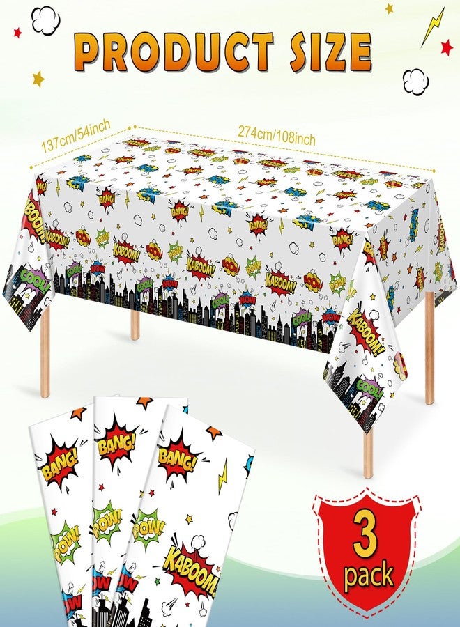 KEASKELL 3Pcs Hero Themed Birthday Party Tablecloths Decorations,White Cityscape Super Bang Plastic Table Cover Disposable Rectangle Table Cloth for Baby Shower Kids Boys Birthday Party Supplies,54x108 Inch - Image 2